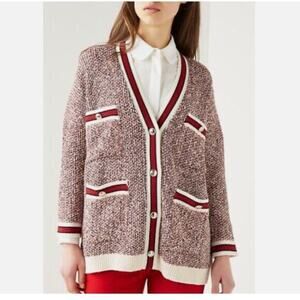 MAJE Mapada Red White Knit Button-Front Tweed Cardigan - 1 (Small)